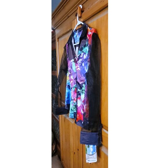NEW Bianca Nygard Water Colored Blouse Sheer Black Sleeves Petite Size 14P - Picture 4 of 6